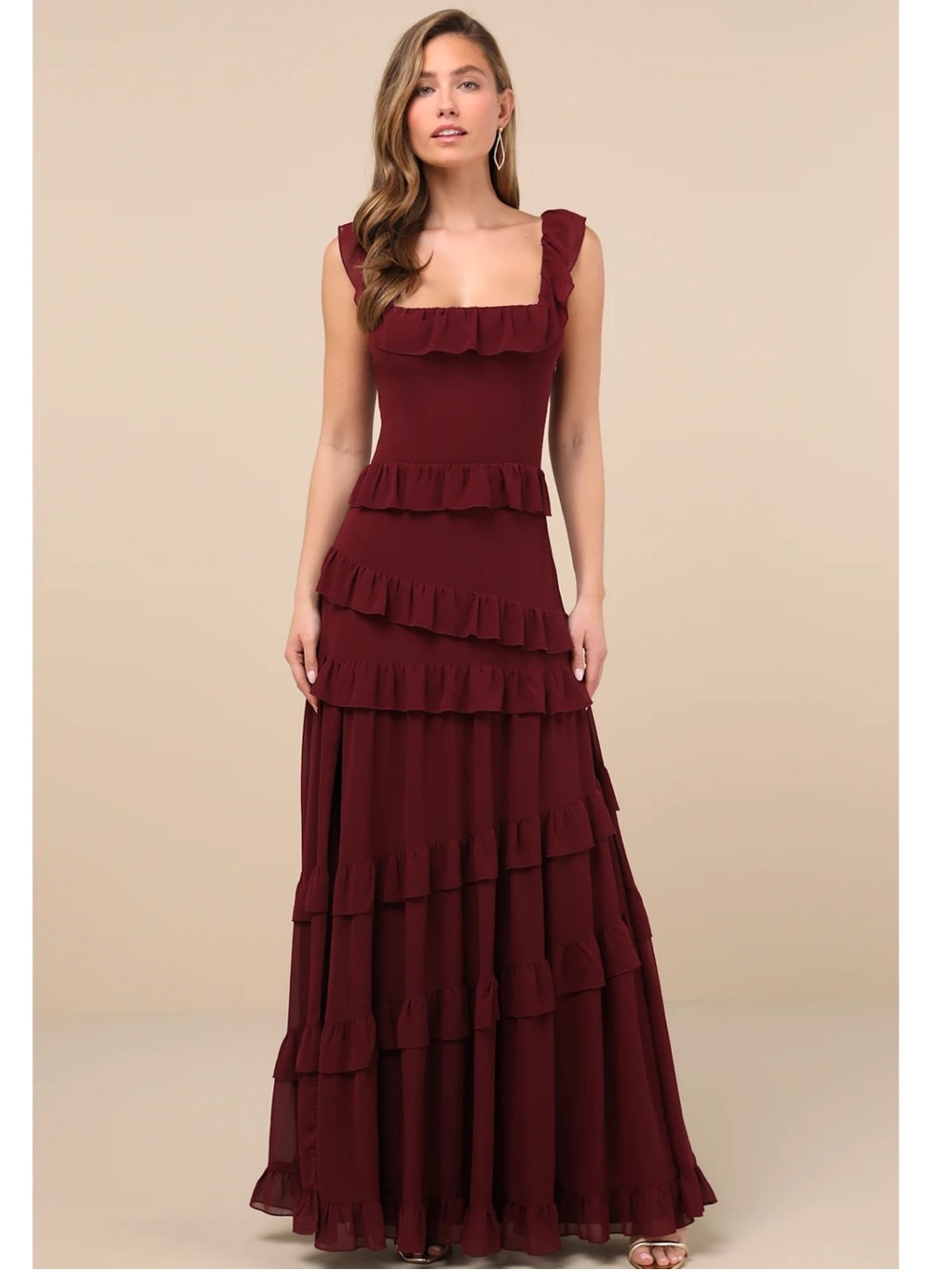 Lulus Compelling Romantic Burgundy Ruffled Tiered Chiffon Maxi Dress Large